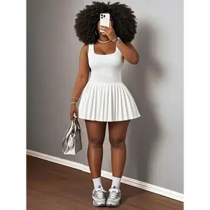 Women's Solid Square Neck Skater Dress, Casual Fashion Short Dress for Daily Outdoor Wear, Women Dresses for Summer, Tennis Attire, Active Dress