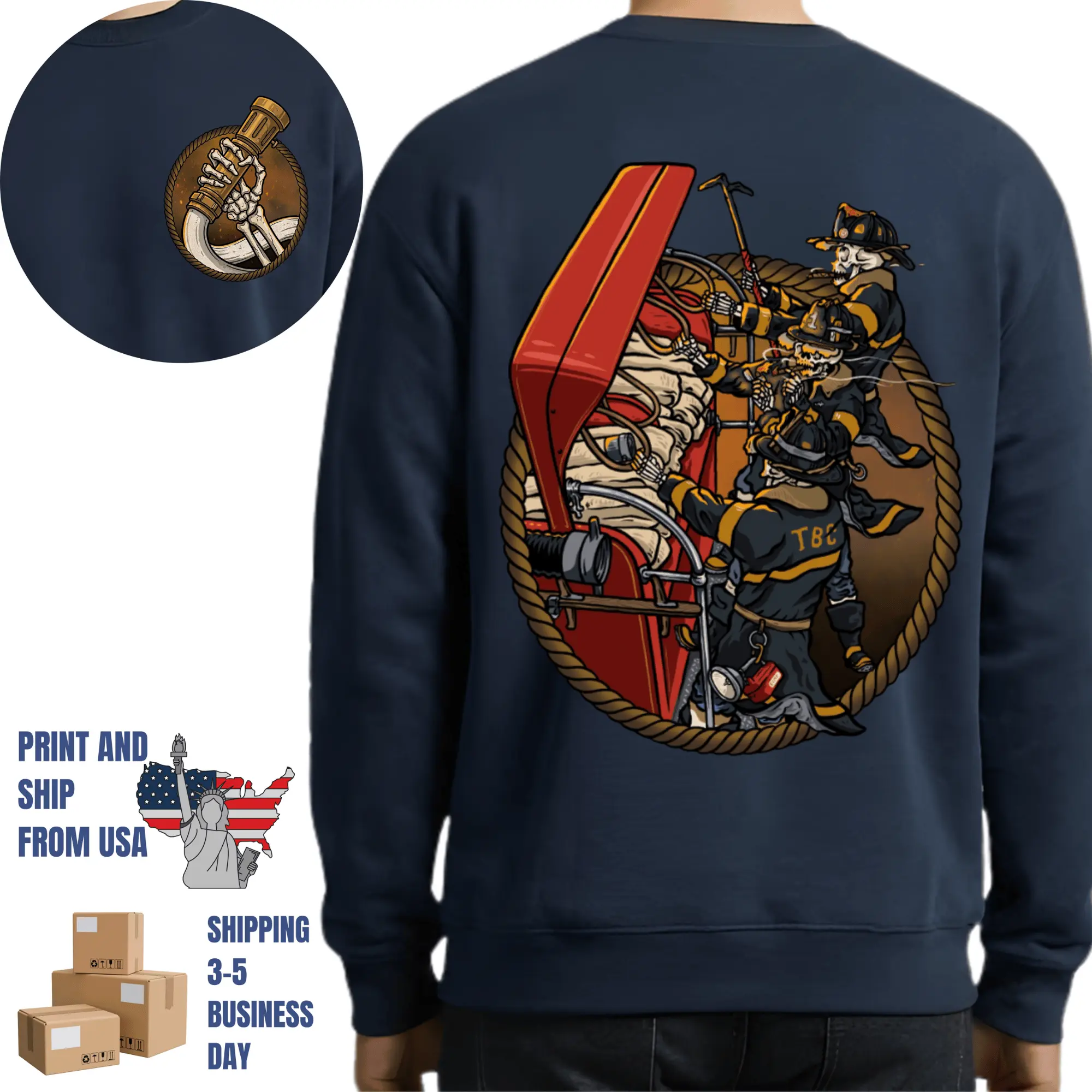 Skeleton Firefighter Fire Truck Sweatshirt, 2 Sides, Badass Skull Fireman Graphic Crewneck