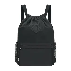 Drawstring Backpack Sports Gym Bag with Shoes Compartment, Water-Resistant String Backpack Cinch for Women Men (Large,Black)