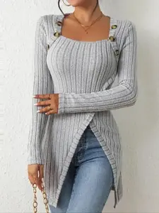 New Model Women's Plain Button Ribbed Sweater, Casual Long Sleeve Split Hem Jumper for Spring & Fall, Fashion Knitwear Daily Wear Womenswear, Cozy, Versatile, Comfort, Style, Outfit, Essential, Trendy