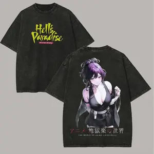 Hell's Paradise Retro Washed Graphic Tee,Breathable Heavy Cotton Oversized Top,Personality Anime Streetwear,Unisex Couples Year-Round Casual Short Sleeve T-Shirt For Men Women