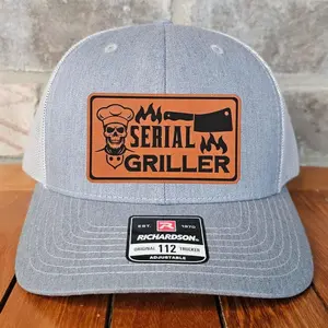 Griller Leather Patch Trucker Hat, Richardson 112, BBQ Bar B Q Cap, Funny Hat, Cookout Lover Hat, Dad Gift, Skull, Laser Engraved