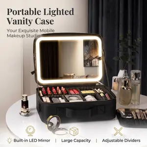 LED Lighted Makeup Case with Mirror, Portable Cosmetic Organizer with Adjustable Dividers, Dimmable Brightness for Travel, Vanity & Daily Makeup Use