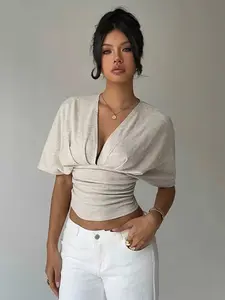 Women's Summer Deep V Ruffle Short Sleeve Fitted T-Shirt Top, Stylish Casual Wear, Comfortable and Trendy, Perfect for Daily