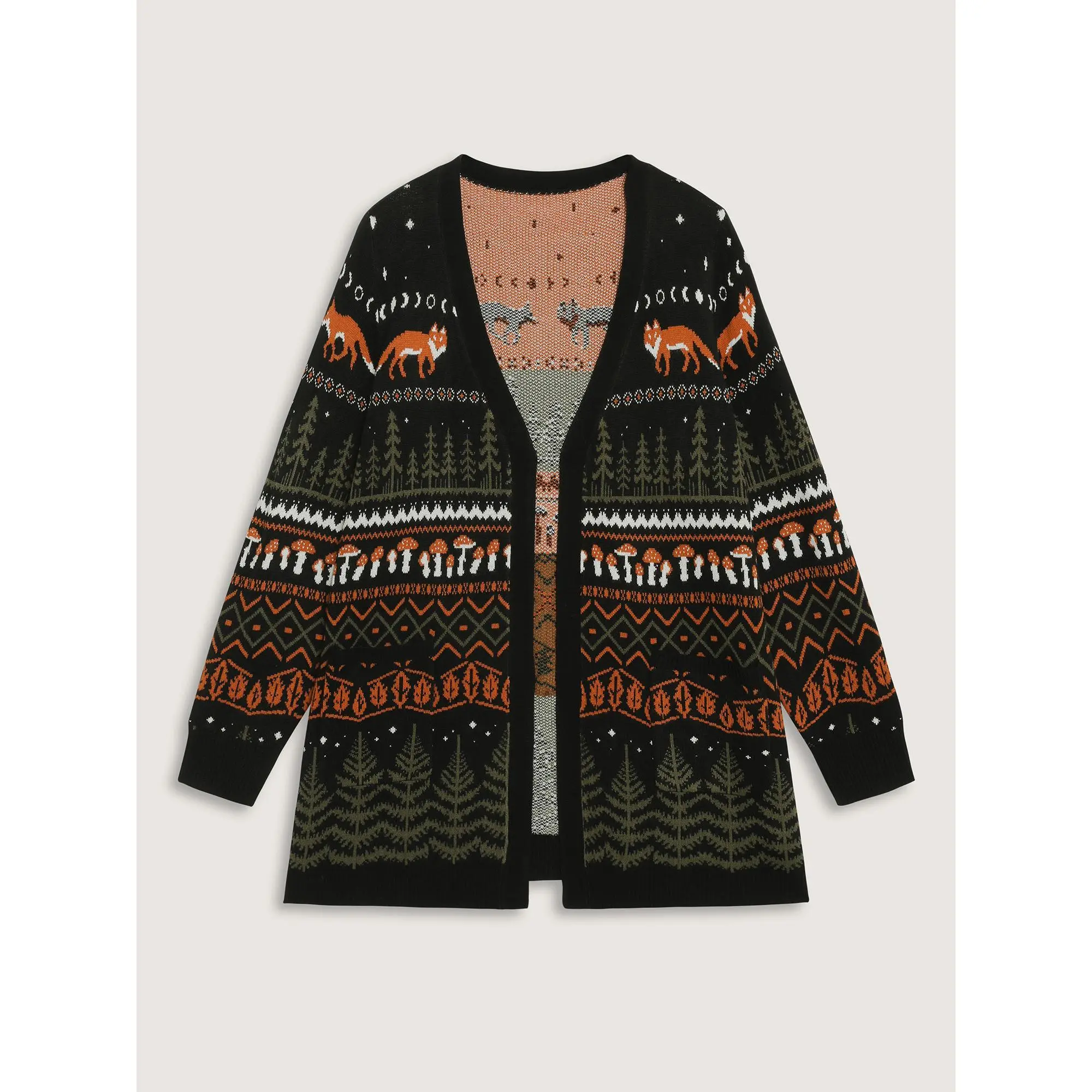 BloomChic Women's Plus Size Fox Jacquard Knit Cardigan, Breathable Open Front Tunic with V-Neck and Pockets for Halloween & Everyday Wear