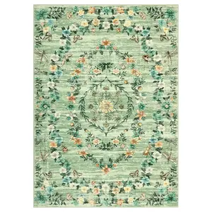 9 x 12 ft Polyester Green Rectangular Hallway Bathroom Entryway Kitchen Office Foldable Flower Printed Washable Area Rug