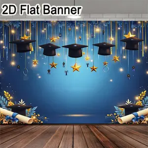 2D flat banner, 1pcGraduation Cap Tassel Backdrop, Festive Graduation Party Decor with Mortarboard & Diploma Banner, Golden String & Ribbon Decor for Graduation Ceremony Background