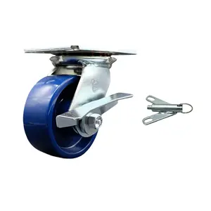 Heavy Duty Large Top Plate Solid Polyurethane Swivel Caster w/Main. Free Bearings and 5" x 2" Blue Wheel & Side Lck Brake and Bolt on Swivel Lock - 1000 lbs Capacity/Caster - Service Caster Brand