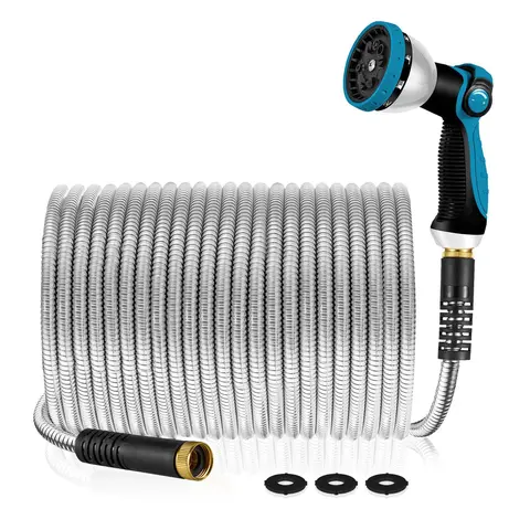 Yofidra Portable Hose - 100ft (600"l), 50ft Option, Stainless Steel, Collapsible, No-Kink, Rust-Free Hoses & Accessories with Heavy-Duty Connectors, Leak-Test Joints, Adjustable Nozzles for Outdoor Home Use