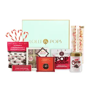 Lolli & Pops Peppermint Holiday Crossover Gift Box with Hot Chocolate Caramel Corn Cookies & More Perfect for Sharing