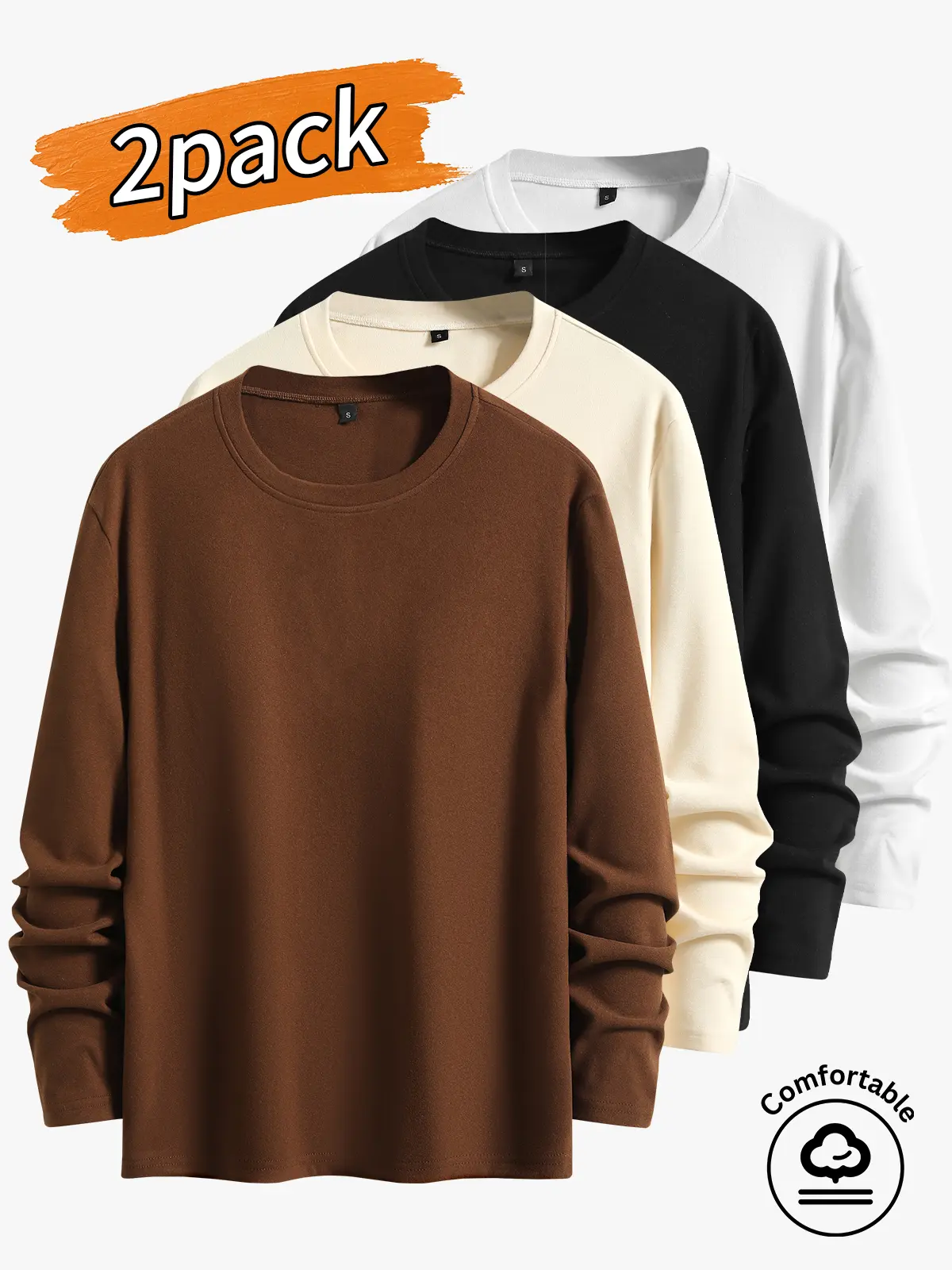 2-pack men's tops, men's long-sleeved top, men's solid-color crew-neck long-sleeve T-shirt.Loose, versatile long-sleeve base layer for commuting, featuring a simple solid color crew neck design. It can be worn on its own or layered under outerwear—ideal f