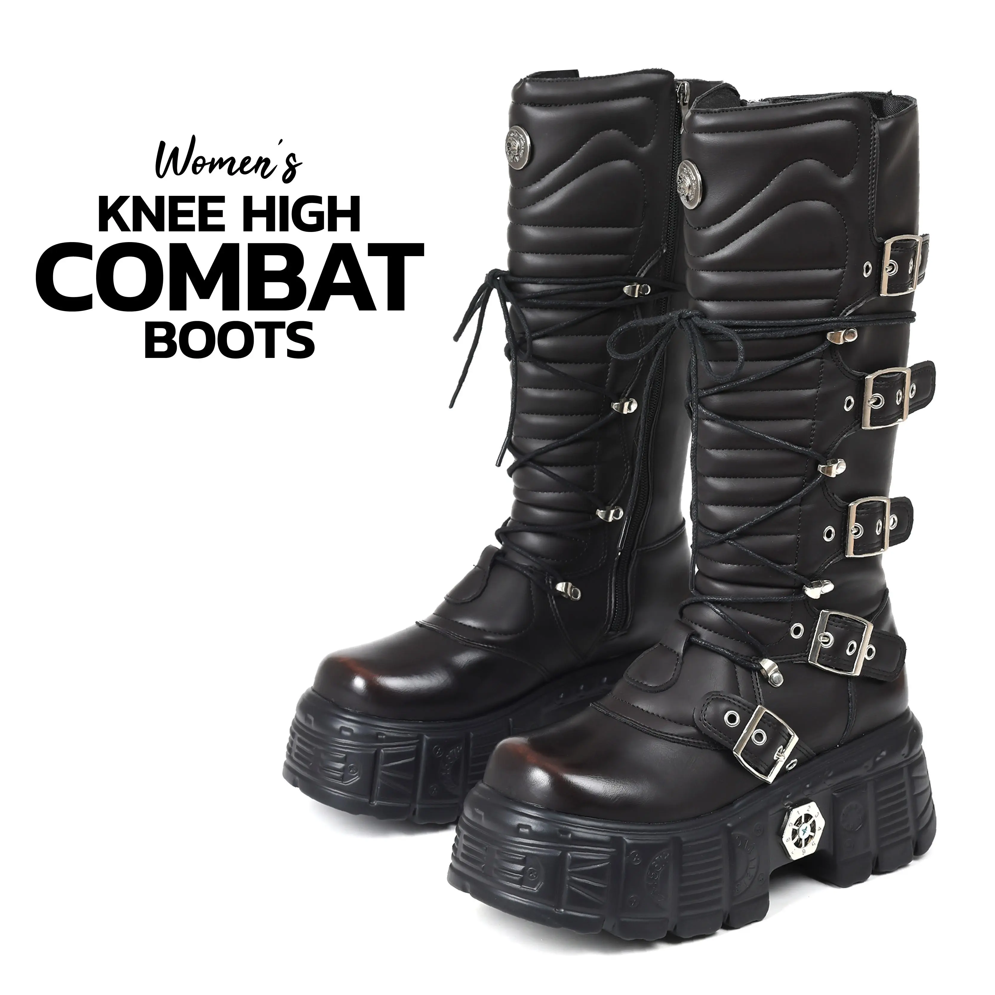 Women Platform Boots Mid Calf Round Toe Chunky Block High Heel Lace Up Side Zipper Buckles Metal Studs Punk Rave Rock Motorcycle Casual Party Concert Trendy Gothic Combat Booties