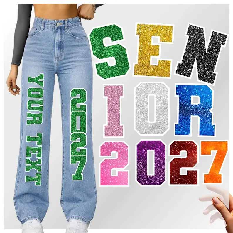 Custom Senior Spirit DTF Iron-On Transfer for Jeans & Denim Jackets | Personalized 2-Color Homecoming Class of 2027 Sparkle Design
