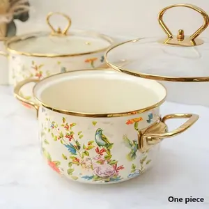 Flower Pattern Stockpot with Lid, Ceramic Soup Pot with Handle, Large Capacity Cooking Pot for Home Kitchen, Double Ear Design