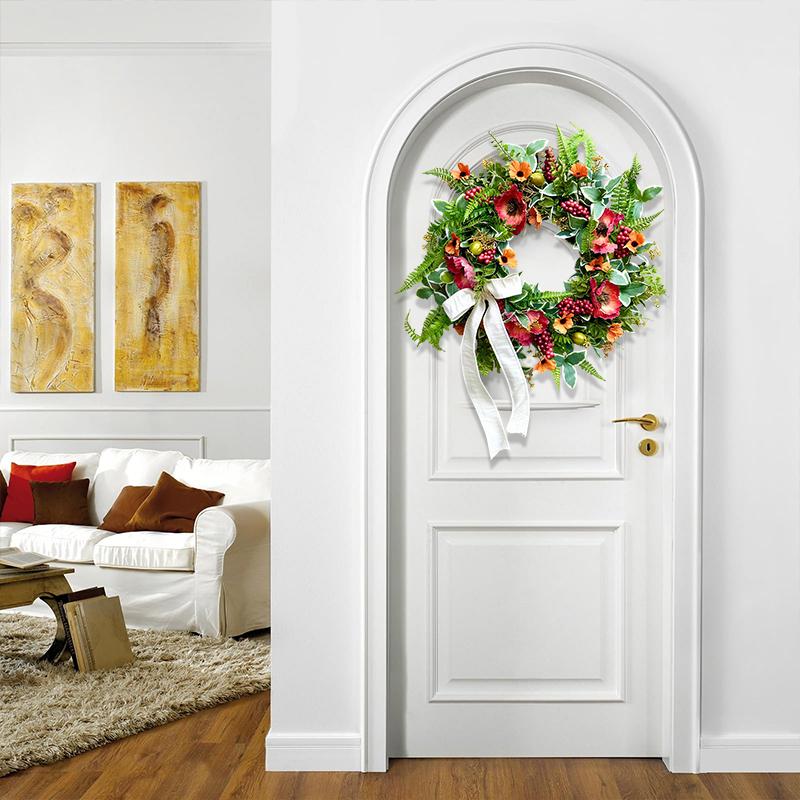 ZMOCEN-20" Faux Poppy Daisy Wreath with Berries - UV Resistant Weatherproof Greenery for Front Door, Porch & Farmhouse Window Decor - All Season Hanging Artificial Plant Wreath