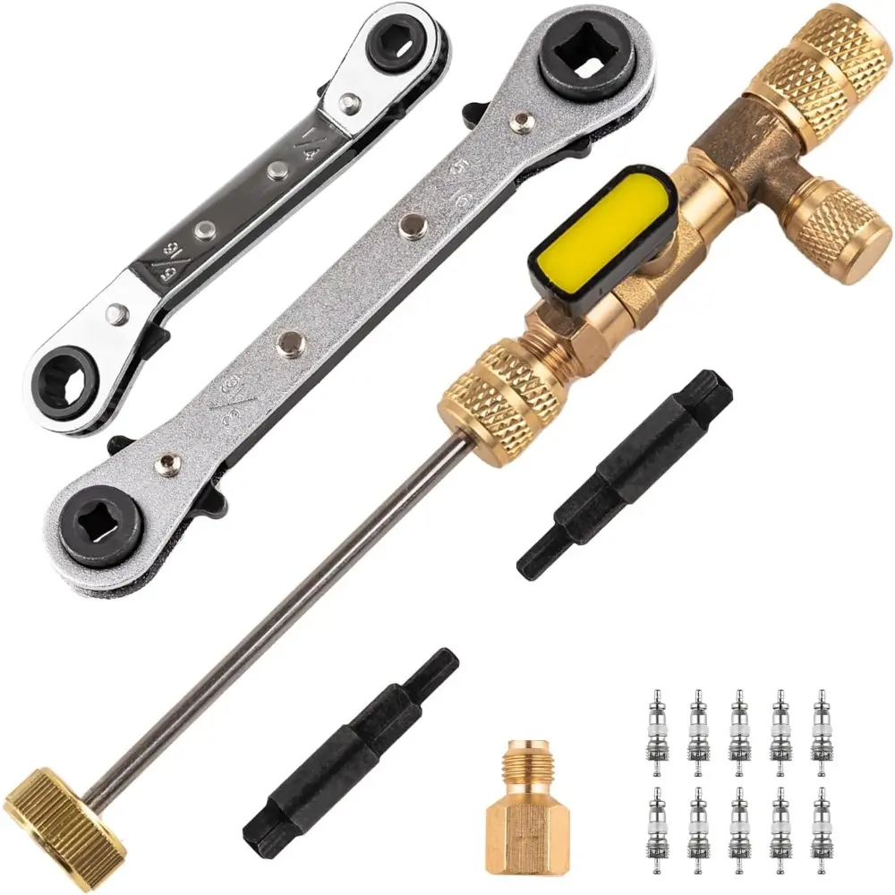 Valve Core Remover Installer Tool & HVAC Service Wrench Set with Hex Adapters, SAE Ports (1/4-5/16), Refrigeration Wrenches (5/16in, 3/8in), 10 Valve Cores for Gas Furnace HVAC Systems - Automotive Car Repair Assembly Disassembly Tools