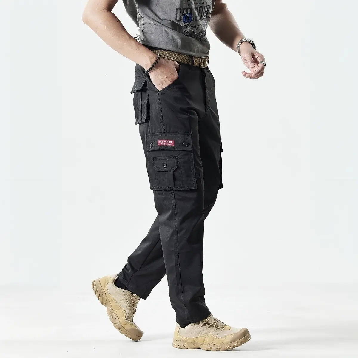 Men's Fitted Plain Solid-Color Straight-Leg Utility Khakis, Multi-Pocket Pants for Casual Everyday Wear, Ideal Father's Day Gift, All-Seasons Menswear Trousers