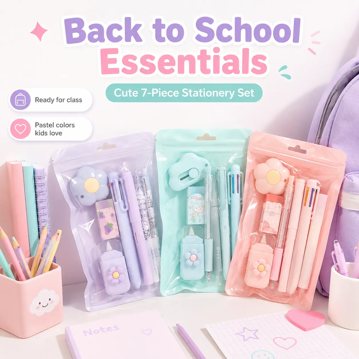 7PCS Pastel Stationery Kit, Cute School Supplies Set with Gel Pens, Multi Color Pen, Eraser & Tape Dispenser, Kawaii Desk Accessories for Students, Back to School Essentials, Homework, Journaling and Office Use