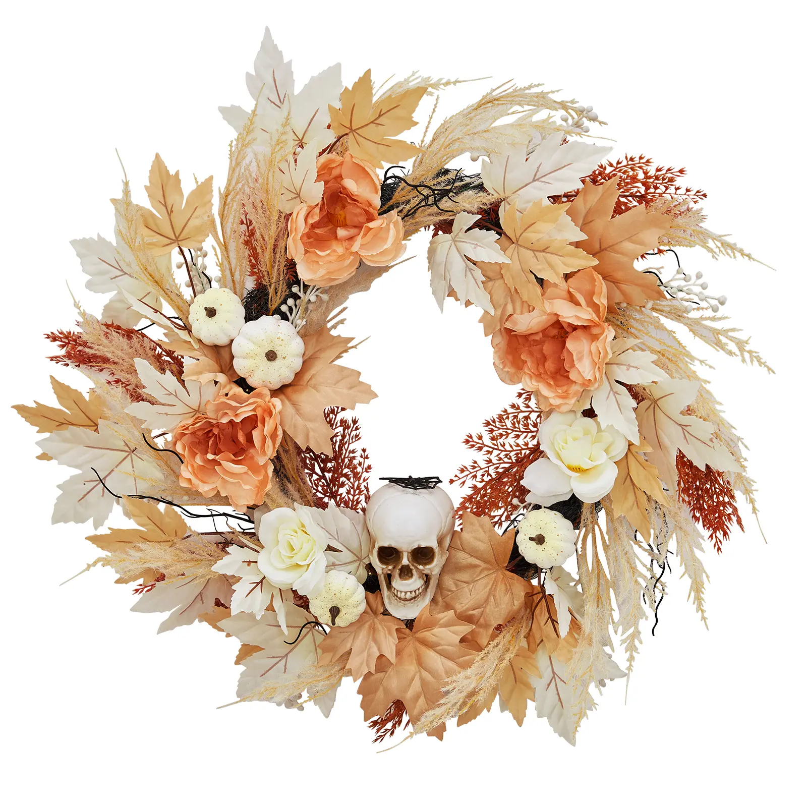 💀✨ 24" Light-Up Halloween Skull Wreath – Faux White Pumpkins, Roses & Maple Leaves! Indoor/Outdoor Spooky Chic. Link in bio!