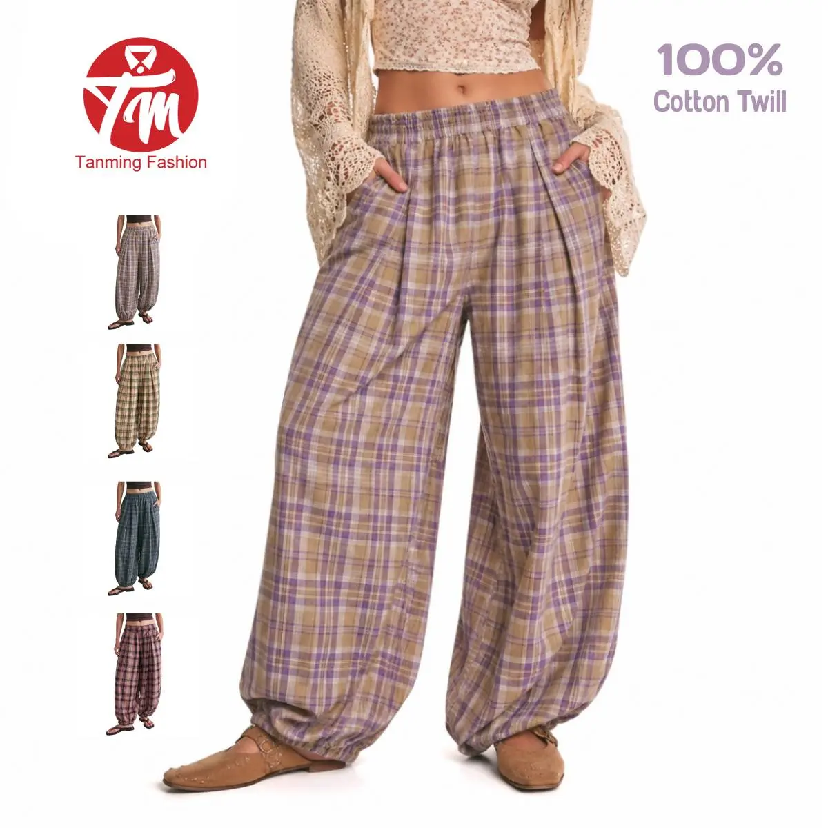 Tanming Womens Plaid Balloon Pants Shirred Elastic Waist Bubble Trousers 100% Cotton Twill Cinch Bottom with Pockets Casual Summer Work School Vacation Loungewear Outfits Clothing