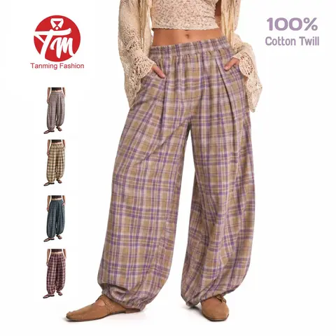 Tanming Womens Plaid Balloon Pants Shirred Elastic Waist Bubble Trousers 100% Cotton Twill Cinch Bottom with Pockets Casual Summer Work School Vacation Loungewear Outfits Clothing