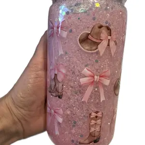 Pink Glitter 16oz Tumbler with lid & straw - Decorative Design with Sparkles, Ideal for Beverage Drinking - Drinkware, Bottle