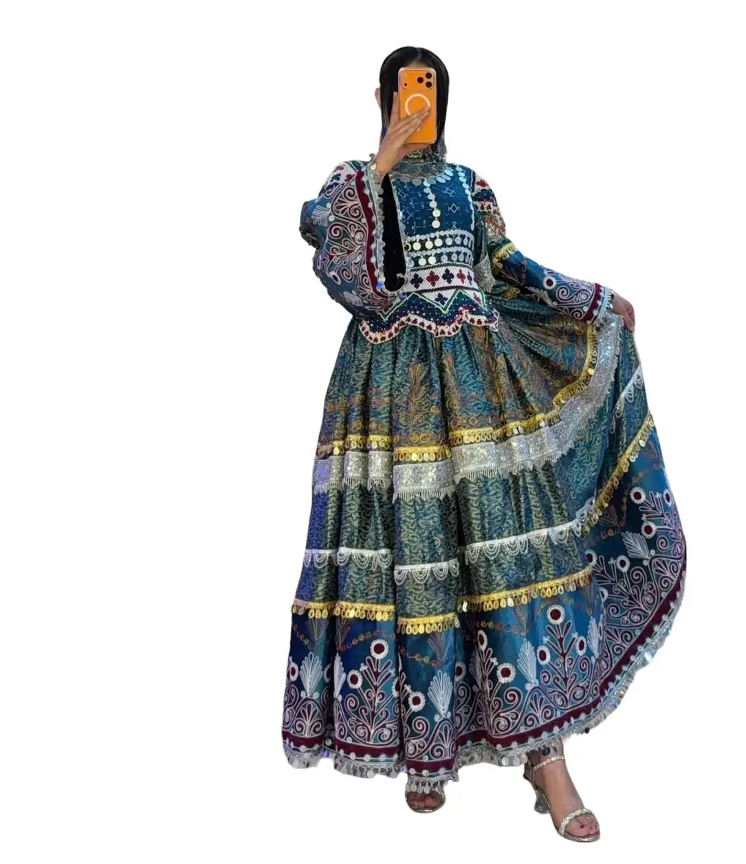 Traditional Afghan Gown for Women, Elegant Hand-Crafted Dress with Embroidery, Mirror Work, and Tiered Skirt for Cultural Events