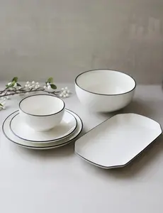 White Ceramic Dish Set with Black Rim – Minimalist Dinnerware Plates & Bowls | Elegant Handmade Tableware