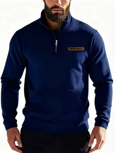 Men's Loose-Fit Sporty Pullover, Elastic Sleeve Standing Collar Half-Zip Casual Sweatshirt, Spring & Fall Plain Style