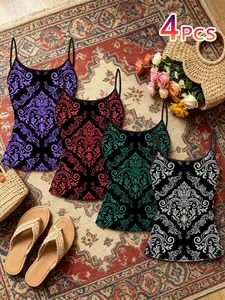 Vintage Baroque Pattern Strappy Top, Summer Home Wear Outerwear, Unique Slim Fit Shirt, Four-Piece Set, Casual Style