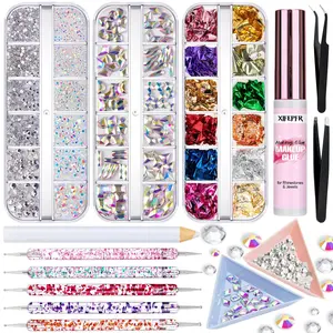 XIFEPFR Multi Shapes Rhinestones with Makeup Glue Flatback Crystal AB&Clear Face Gems Eye Jewels Colorful Nail Foil Pickup Dotting Tools for Nail Art