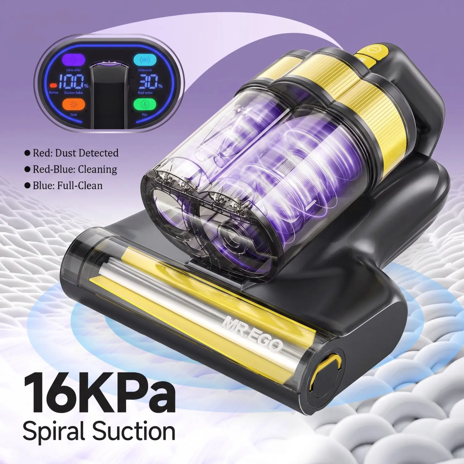 MR.EGO Mattress Vacuum Cleaner - 16000PA Powerful Suction Wireless Vacuum with UV-C Light, Intelligent LED Display, for Indoor Mattresses, Upholstery Deep Cleaning