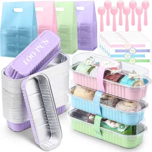 424 Pack Macaron Mini Loaf Pans Set with Lids and Spoons - 100pcs 6.8oz Disposable Aluminum Foil Baking Pans, 100 Lids, 100 Spoons, 100 Sealing Stickers, 24 Gift Bags for Dessert Cake