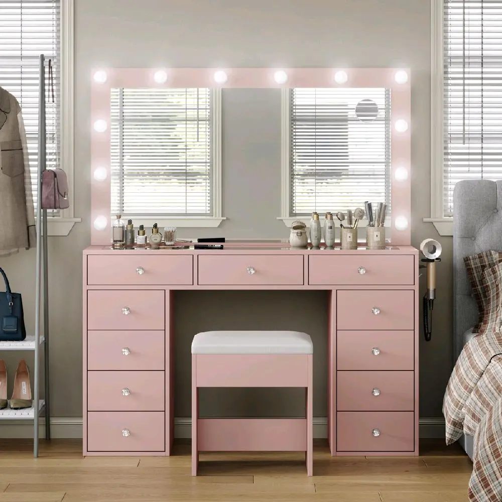 Affordable Vanity Desk with Mirror, 13 LED Bulbs, Glass Top & Power Outlet