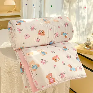 A lightweight summer quilt, Soft Lightweight Quilts, featuring a pink floral apron with lace trim and bear and dachshund print. This soft, skin-friendly quilt is perfect for summer use in bedrooms, offices, living rooms, and for relaxing at home