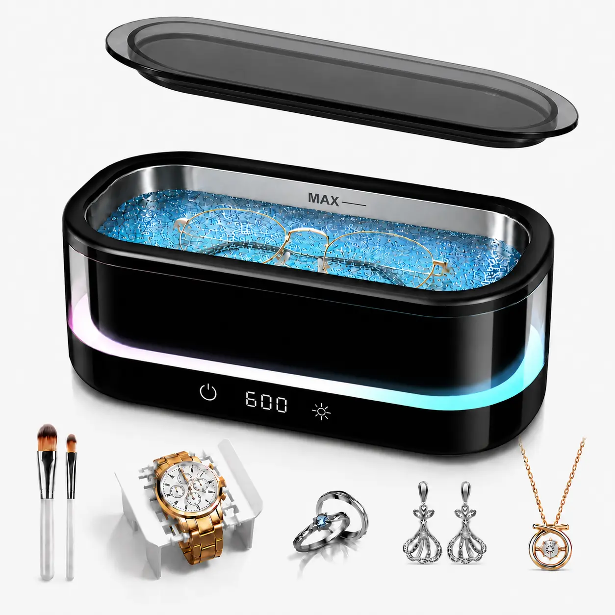 Ultrasonic Jewelry Cleaner - Ultrasonic Cleaning Equipment with 48kHz Vibration, 350mL Capacity, 5/10-Min Timer, SUS304 Tank & 7-Color LED for Rings, Glasses, Watch Bands