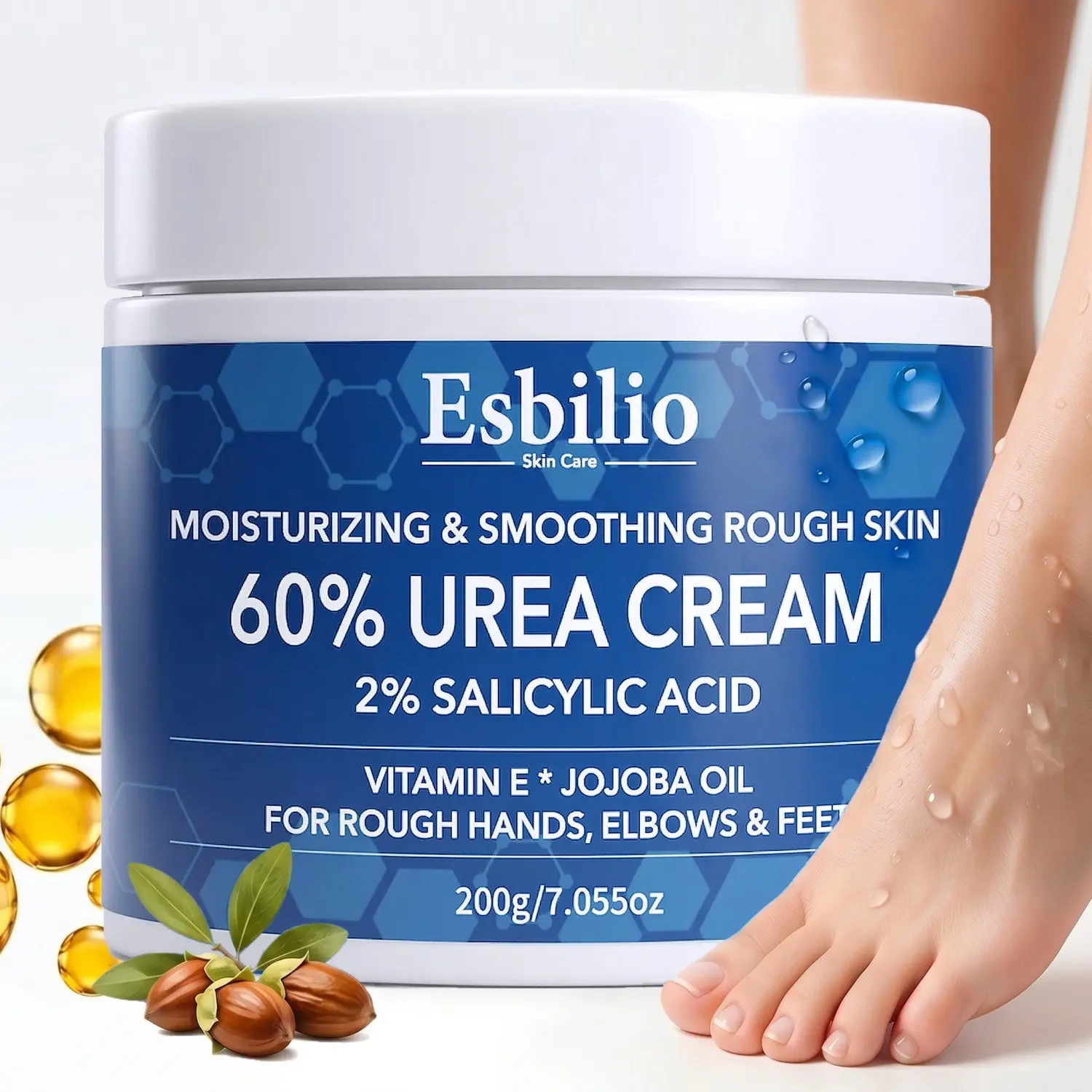 200g 60% Urea Cream for Dry Feet & Hands with Salicylic Acid, Rich in Vitamin E & Jojoba Oil, Long-lasting Moisturizing, Hydrating Foot Care Cream, Suitable for Dry Cracked Heels, Knees & Elbows, Hydrates and Nourishes Body Cream for All Skin Types