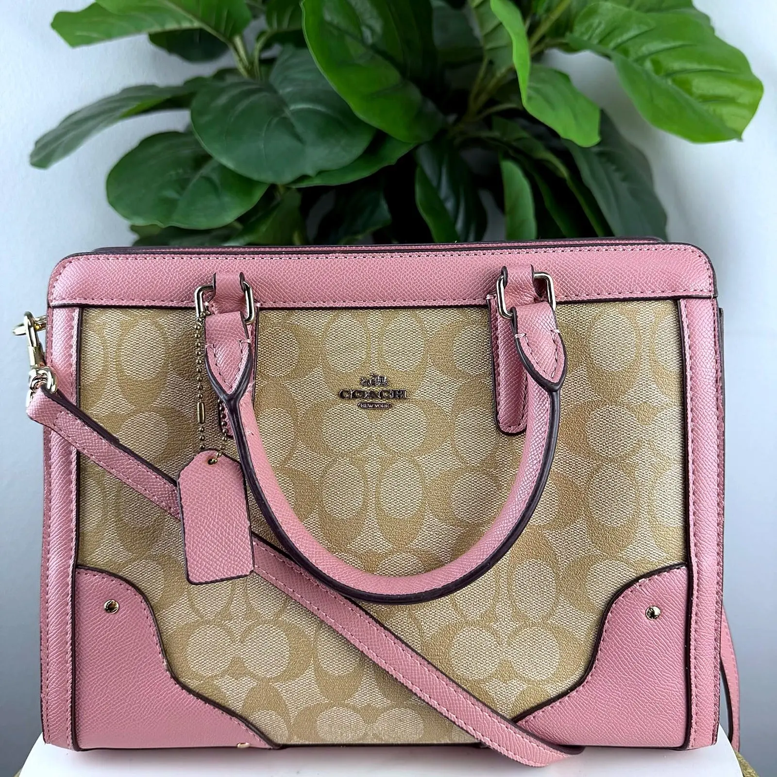 Pre-owned Coated canvas with leather trim Shoulder Bags Authentic Coach Rowan Pink Leather Trim Signature Canvas Satchel Bag