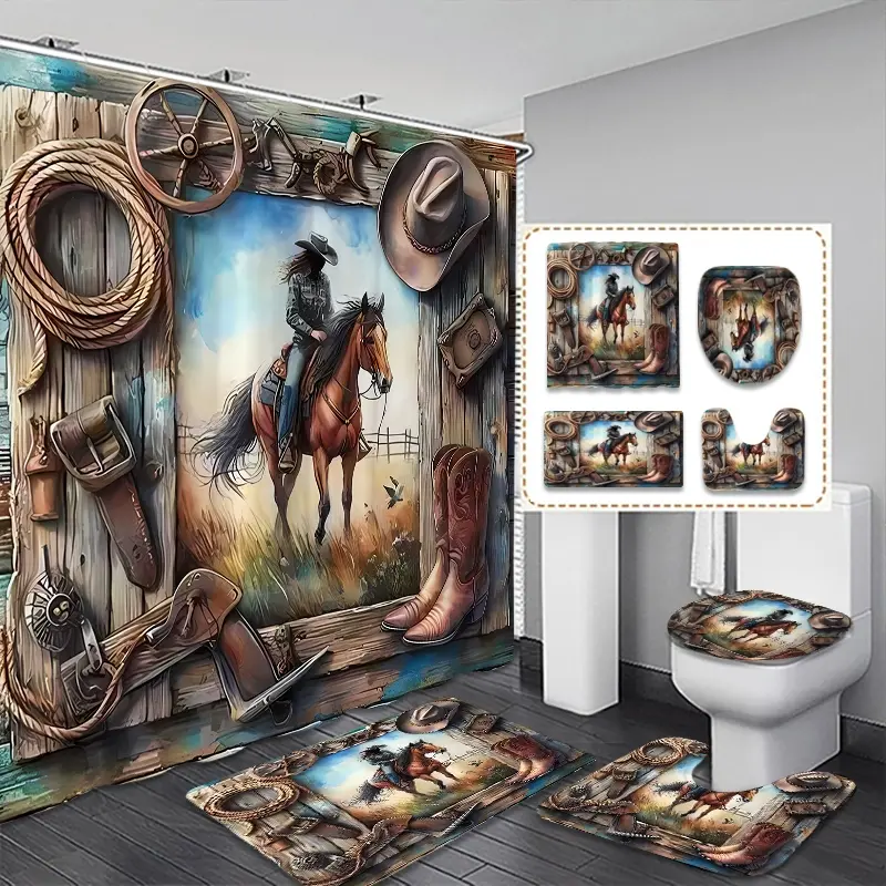 Western Cowboy Bathroom Restroom Shower Curtain Set, Gift Includes Rider on Horse, Hat, Boots, Rope, Saddle, Toilet Cover, Bath Mat, Hooks, Modern Decor
