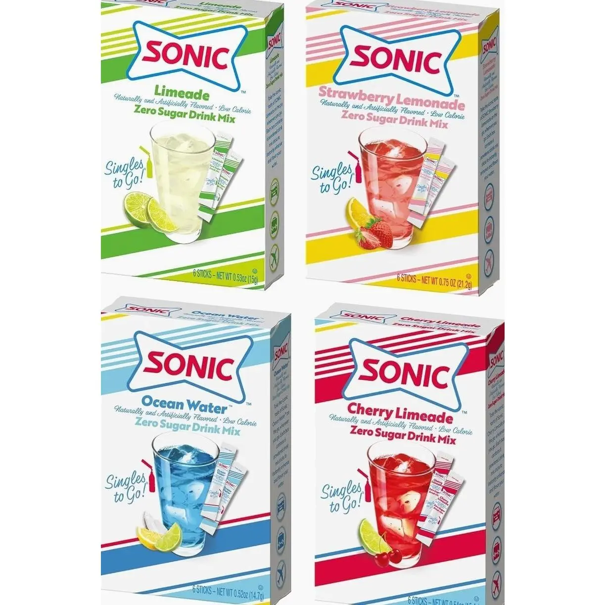 Sonic Singles to Go! Drink Mix Variety Pack - Sonic Drink Mix Packets - Limeade, Ocean Water, Cherry Limeade, and Strawberry Lemonade Flavors