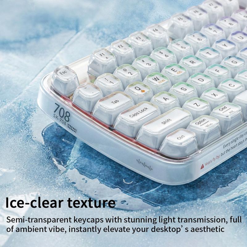 MOFii 708 RGB Backlit Full-Size Keyboard, Stylish White Transparent Keycaps, Tri-Mode Rechargeable, US Qwerty, Compatible with Phones & Tablets, Must-Have for Office & Gaming