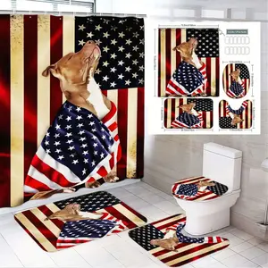 4pcs Patriotic American Flag Bathroom Set Featuring Vintage Pit Bull Design - Shower Curtain with Dog and Stars, Luxurious Bath Rugs, and Toilet Seat Cover for a Stylish, The floor mat fabric is thicker and softer! All-American Home Decor Upgrade