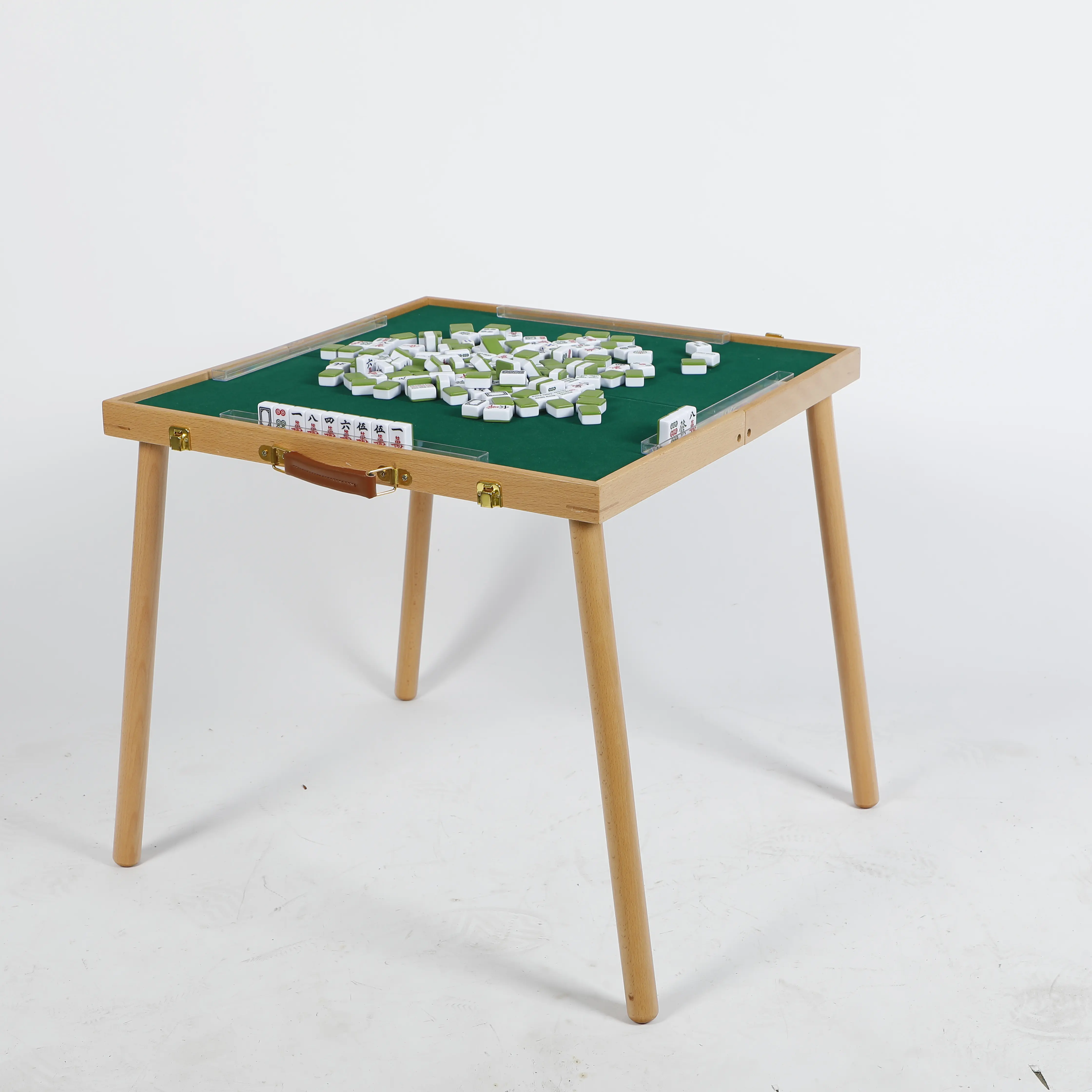 Mahjong Card Table, Wooden Folding Table, Green Tabletop, Solid Wood Frame, Suitable For Indoor/Outdoor Activities, Party Games, And Camping Games, Includes Mahjong Tiles