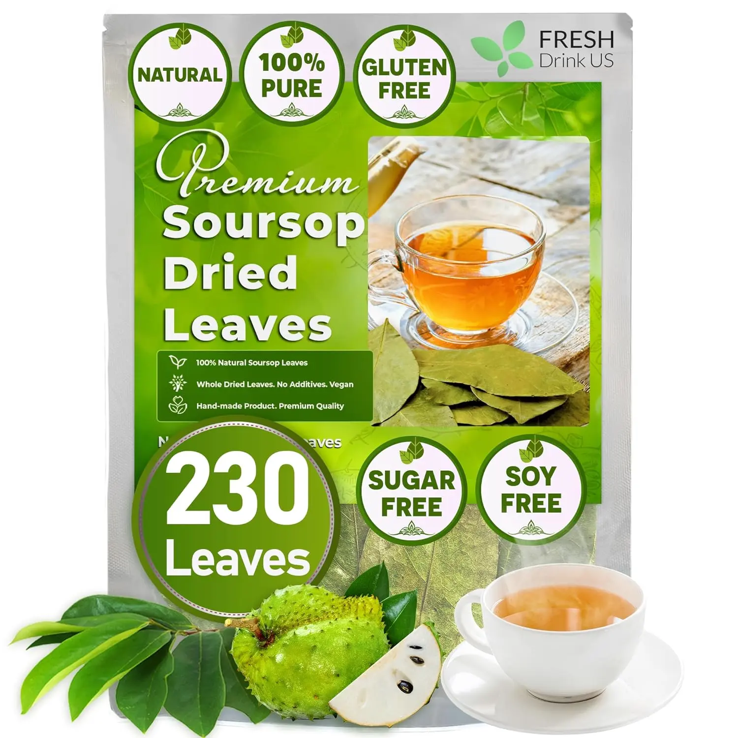 Premium Soursop Graviola Dried Leaves Tea, 230-250 Whole Soursop Leaves, Wildcrafted, Graviola Tea, Guanabana Tea, Hoja Guanabana, Soursop Loose Leaf Herbal Tea, No Gluten, Vegan Natural Beverage