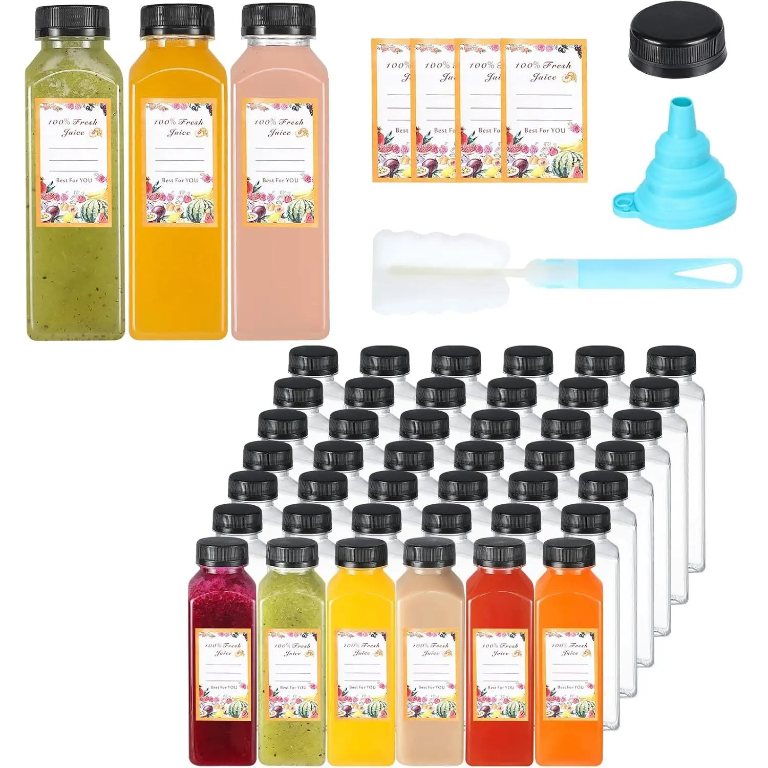 Juice Bottles, 45 count 12oz Plastic Juice Bottles with Caps Airtight  Clear Empty Water Containers Includes Label Funnel Brush for Juicing Drinking Beverage Smoothies Fridge(12oz)