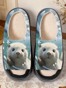 Cute Otter Print Linen Open-Toe Sandals, Casual Textile Eva Sole, Less Than Ankle Height, Cartoon Pattern, All Seasons Footwear