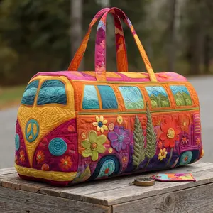 Boho Quilted Duffel Bag for Women Vintage Hippie Van Floral Travel Large Capacity Weekender Tote Summer Overnight Gym Lightweight Carry-On Cute Festival Beach Bag