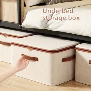 Large Capacity Foldable Linen Storage Box with Dual Zippers and Faux Leather Handle, Bed Underneath Basket for Clothes and Sheets