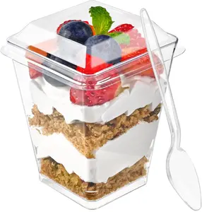 50 Pack 5 oz Plastic Dessert Cups with Lids and Spoons, Banana Pudding Cups with Lids Mini Dessert Shooters for Party Individual Yogurt Parfait Jello Fruit Trifle