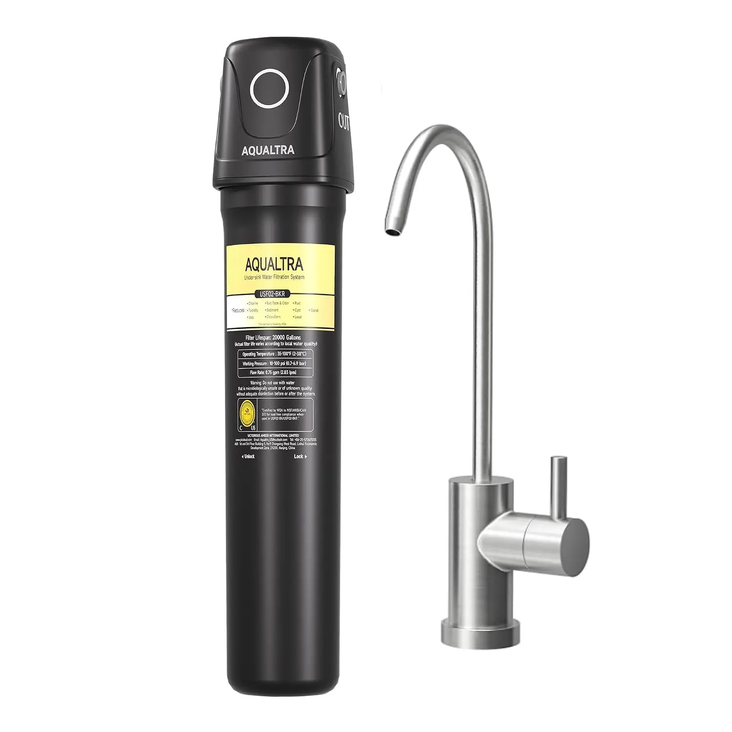 AQUALTRA USF02-BKF Under Sink Filter System, 20K Gal with Faucet, NSF/ANSI/CAN 372 Certified, Reduce PFOA, PFOS, Chlorine, Lead, Mercury, Chloramine, Fluoride, Microplastic Particles, Bad Taste & Odor